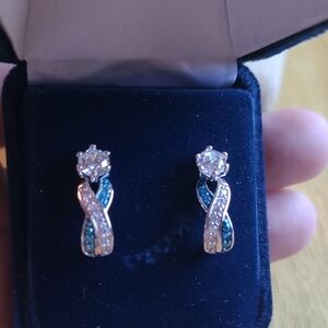 Danbury Mint Silver Twist Earrings with Blue and White Stones